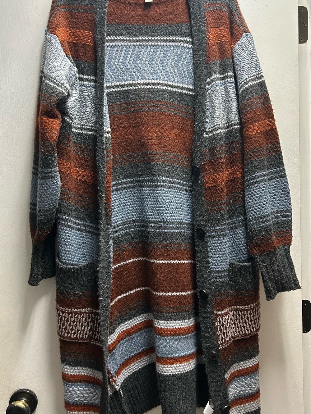 a.n.a Striped Long Cardigan in Rust, Slate Blue and Charcoal